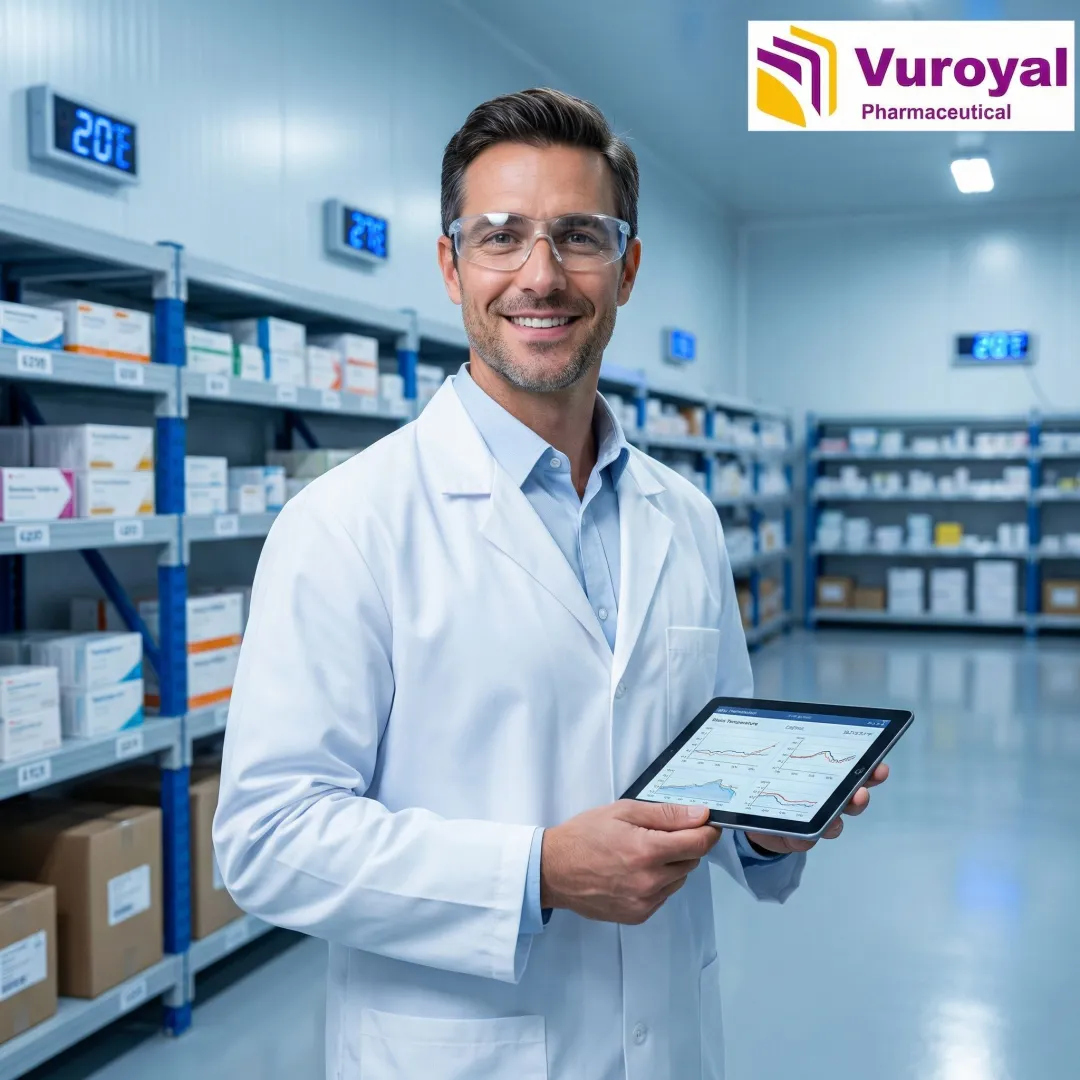 Bio pharma logistics professional managing cold chain pharmaceutical distribution in a modern warehouse