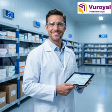 Bio pharma logistics professional managing cold chain pharmaceutical distribution in a modern warehouse