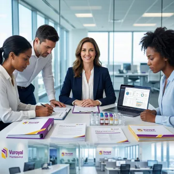 Clinical trial manager reviewing pharmaceutical supply chain documents with a research team