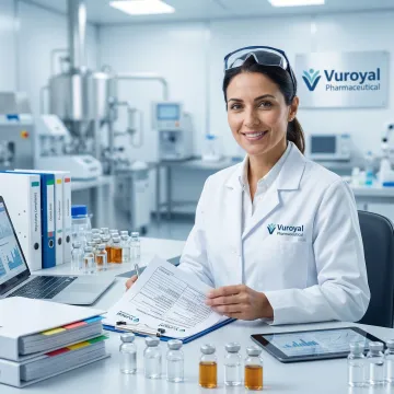 Pharmaceutical professional managing clinical trial documentation and drug samples in a laboratory setting