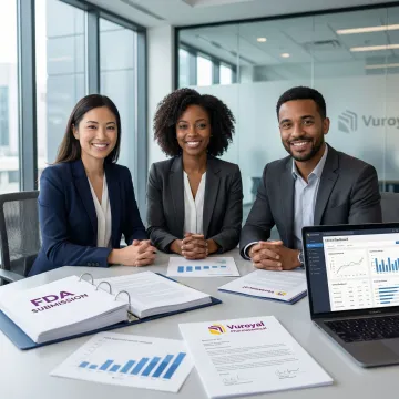 Pharmaceutical compliance team reviewing FDA submission documents step by step