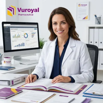 Pharmaceutical supply chain specialist reviewing clinical trial documentation at a laboratory logistics center