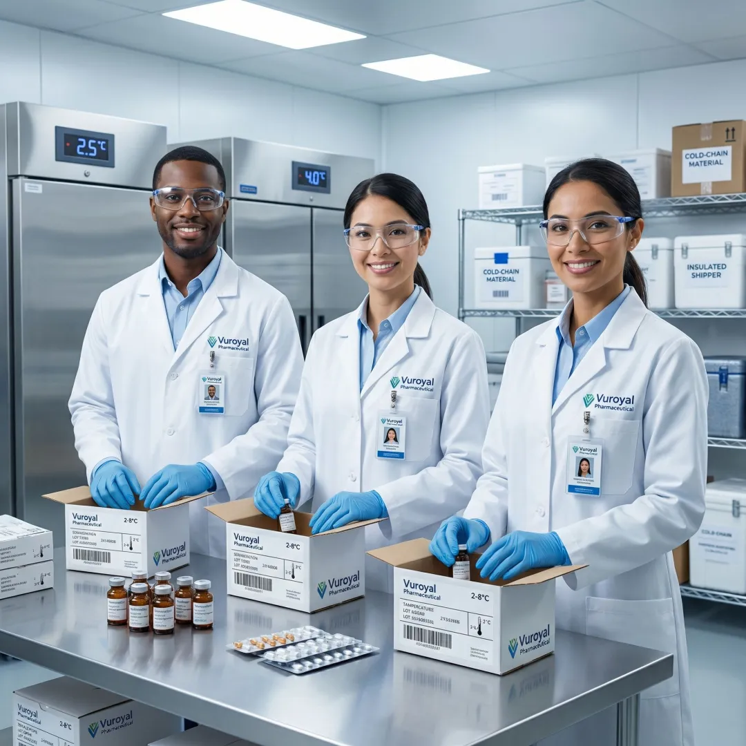 Pharmaceutical logistics team coordinating clinical trial drug distribution process at a compliant warehouse facility