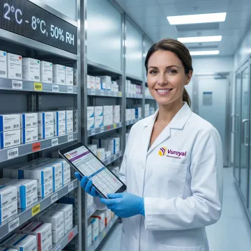 Pharmaceutical professional managing clinical trial drug storage and distribution in a compliant cold chain facility