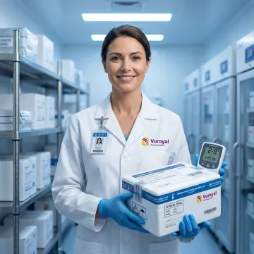 Pharmaceutical clinical logistics specialist handling temperature-controlled drug shipment in a compliant laboratory setting