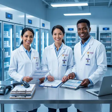 Pharmaceutical logistics team coordinating clinical trial drug shipment with documentation and cold chain equipment