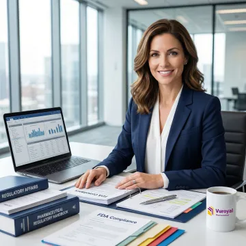 Pharmaceutical regulatory consultant reviewing compliance documentation in a professional office setting