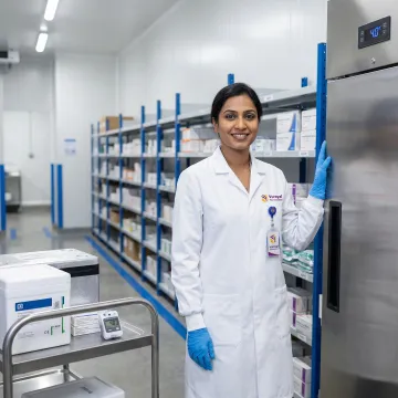 Pharmaceutical logistics professional managing cold chain drug shipments in a compliant warehouse