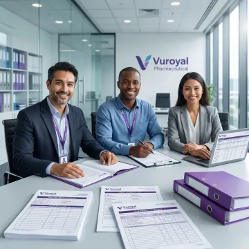 Pharmaceutical logistics team reviewing cold chain shipment documentation and compliance paperwork