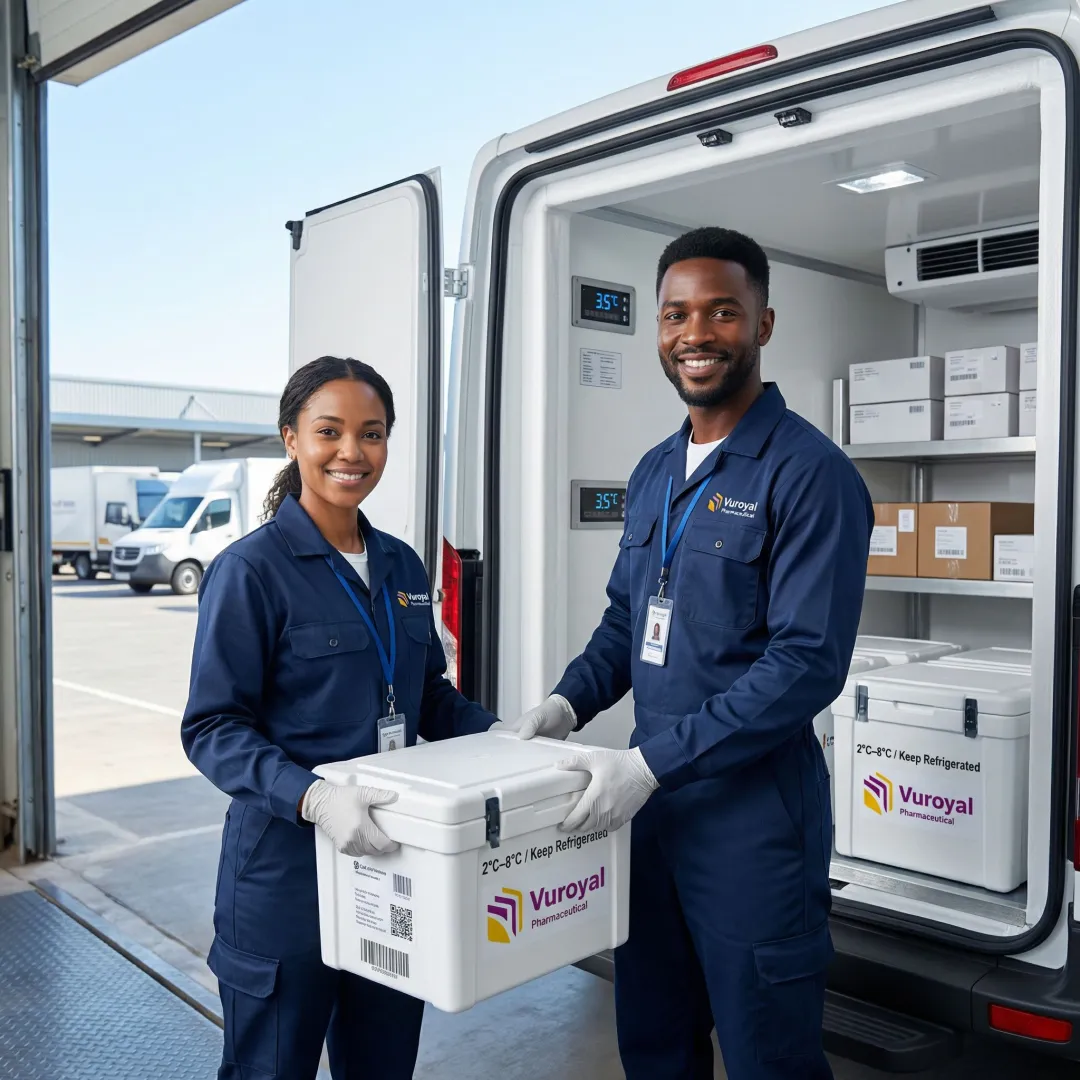 Cold chain medical supply boxes being loaded onto a refrigerated pharmaceutical delivery vehicle