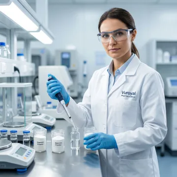 Veterinary vaccine adjuvants being prepared in a pharmaceutical laboratory setting for animal health applications