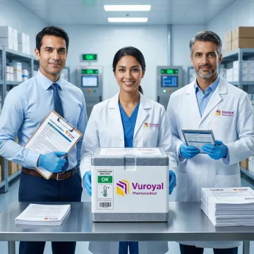 Pharmaceutical export team inspecting cold chain drug shipment for global delivery