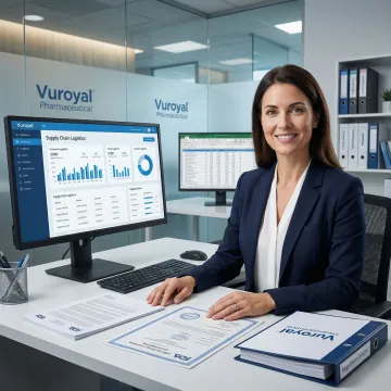 Pharmaceutical professional reviewing regulatory compliance documents for drug distribution in a Boston office