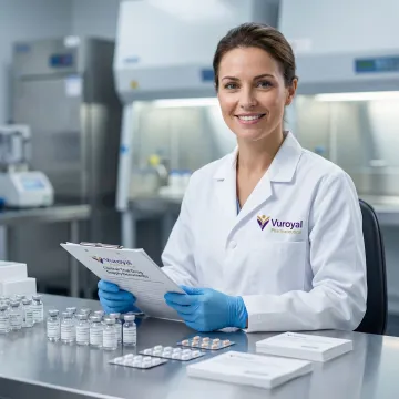 Pharmaceutical professional reviewing clinical trial drug sourcing documentation in a laboratory setting