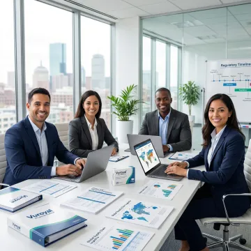 Pharmaceutical professionals reviewing clinical trial regulatory compliance documents