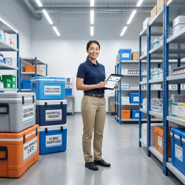 Medical logistics professional managing pharmaceutical distribution for healthcare facilities