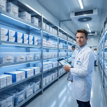 Pharmaceutical logistics professional managing cold chain drug distribution in a regulated warehouse facility