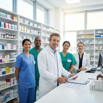 Pharmacist and healthcare team reviewing pharmaceutical distribution documentation