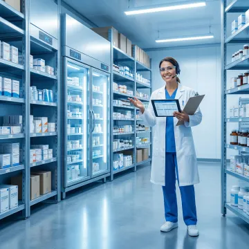 Healthcare supply chain logistics professional managing pharmaceutical distribution in a modern warehouse facility