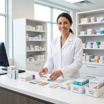 Pharmacist preparing medication packages for delivery to an assisted living facility