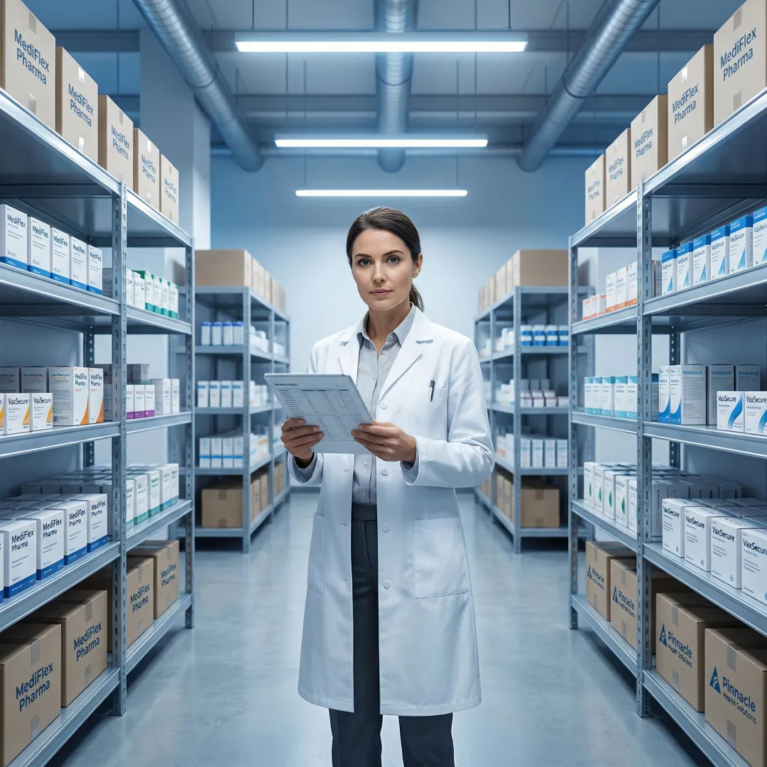 Pharmaceutical distribution specialist reviewing medication delivery manifest for assisted living facility