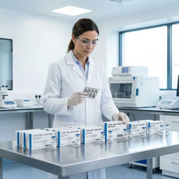 Clinical trial supply specialist reviewing pharmaceutical shipment in a Boston-area research facility