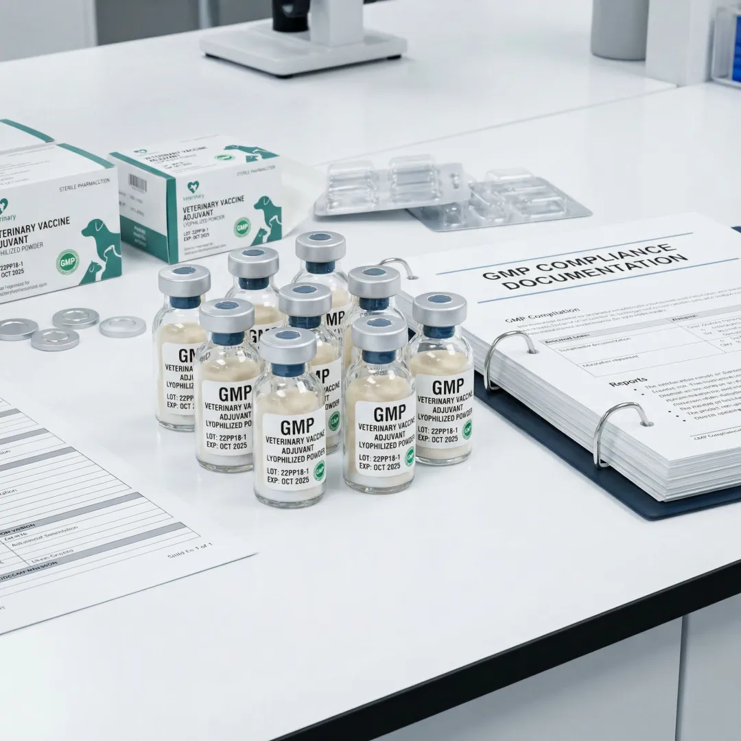 GMP-certified veterinary adjuvant powder in pharmaceutical packaging with quality certification documents