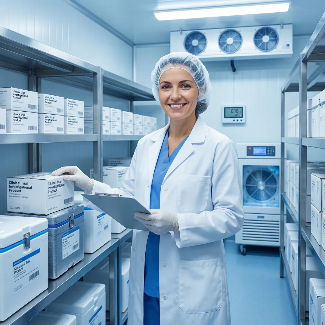 Pharmaceutical supply chain specialist managing clinical trial materials in a compliant cold storage facility