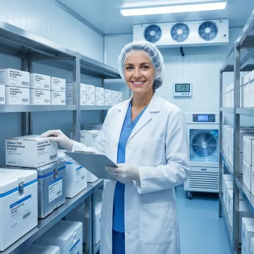 Pharmaceutical supply chain specialist managing clinical trial materials in a compliant cold storage facility