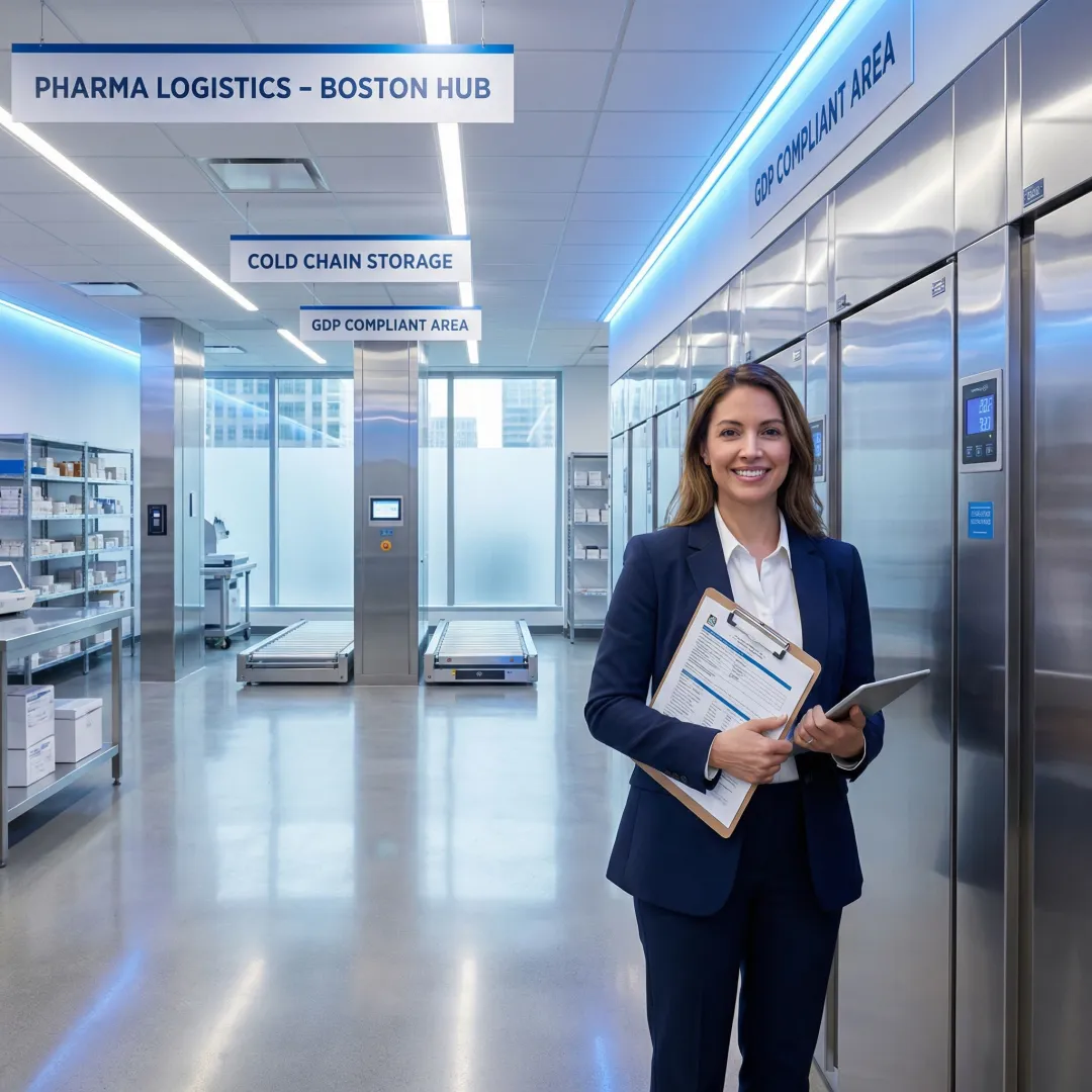 Pharmaceutical supply chain specialist reviewing compliance documents in a logistics facility