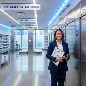 Pharmaceutical supply chain specialist reviewing compliance documents in a logistics facility