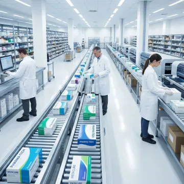 Pharmaceutical distribution warehouse with labeled drug packages on conveyor belts