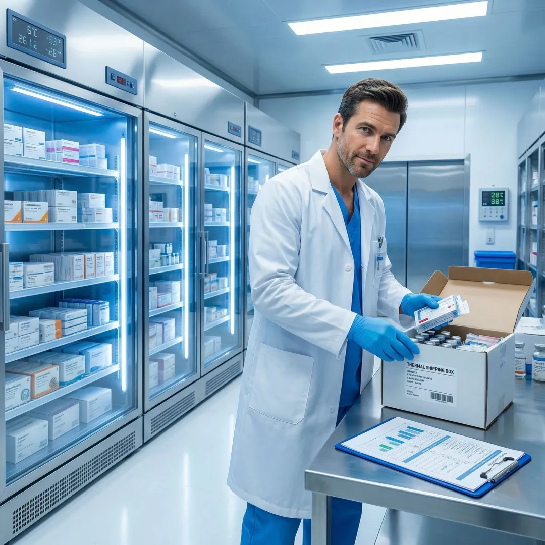 Pharmaceutical distribution professional overseeing cold chain logistics for healthcare