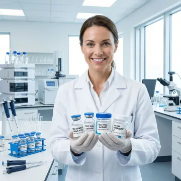 Pharmaceutical researcher handling Reference Listed Drug samples in a clinical lab setting