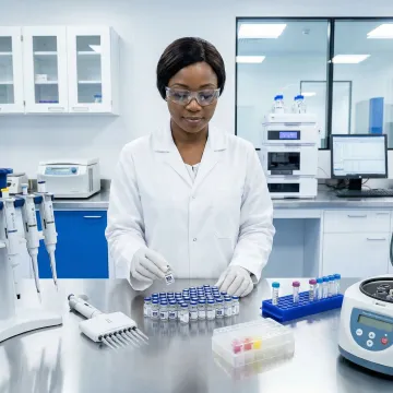 Pharmaceutical laboratory technician handling reference drug samples for clinical testing