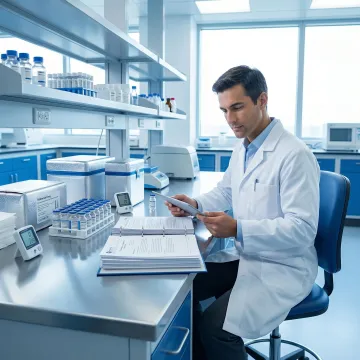 Researcher reviewing pharmaceutical compliance documents alongside reference drug samples in a clinical laboratory