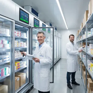 Pharmaceutical cold chain warehouse interior with temperature-monitored storage racks and lab technicians in protective gear
