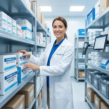 Healthcare logistics specialist managing pharmaceutical distribution at a medical warehouse