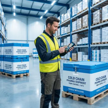Pharmaceutical professional reviewing temperature logs during cold chain drug transport