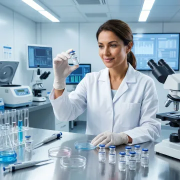 Pharmaceutical laboratory technician analyzing clinical test samples in a modern research facility