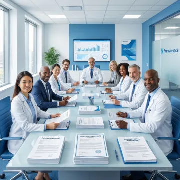 Pharmaceutical compliance team collaborating on regulatory filing process in a clinical environment