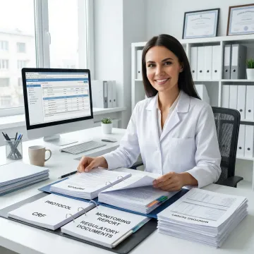 Clinical research associate reviewing trial documentation at a research site