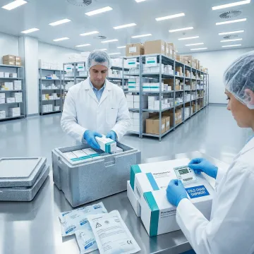 Pharmaceutical professional preparing medical supply shipments in a regulated distribution warehouse