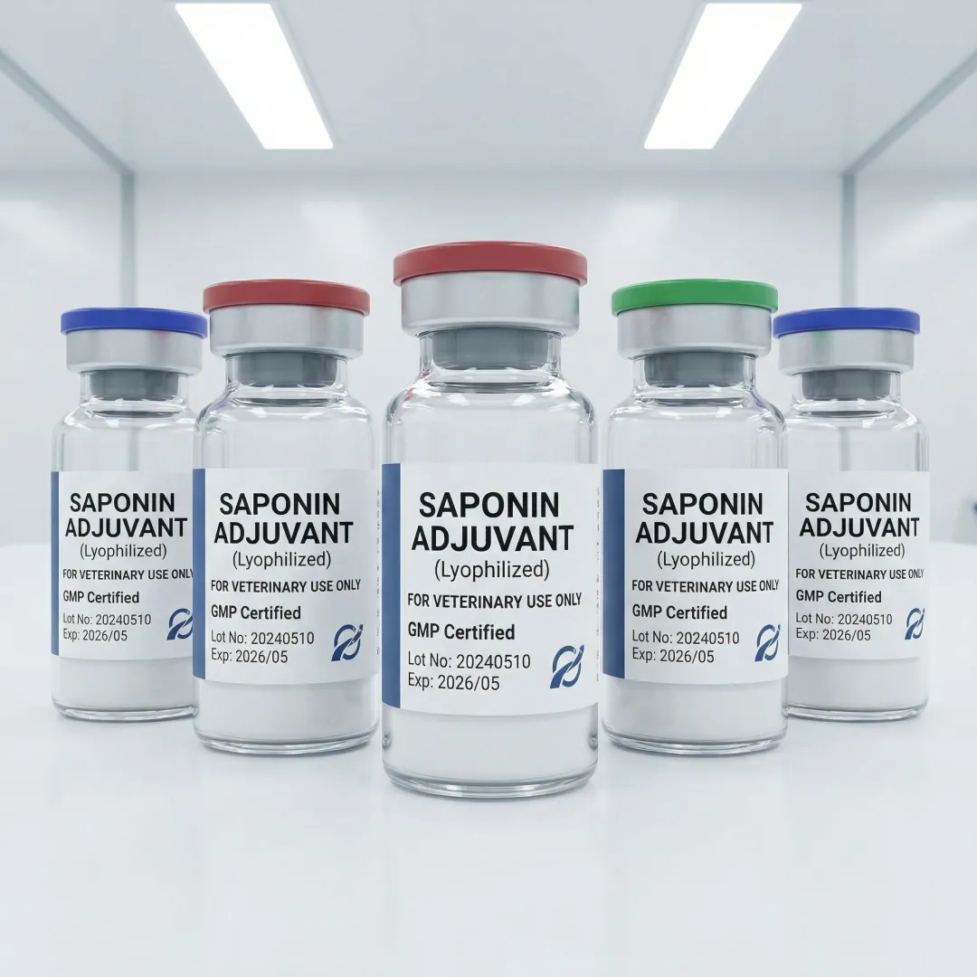 GMP-certified veterinary vaccine adjuvant powder samples in laboratory containers