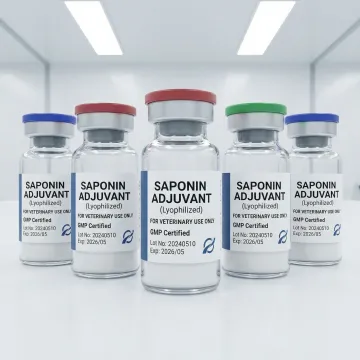 GMP-certified veterinary vaccine adjuvant powder samples in laboratory containers