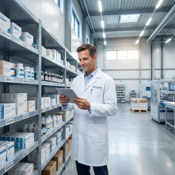 Pharmaceutical supply chain professional reviewing drug inventory in a compliant warehouse facility