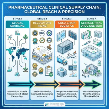 Clinical trial drug sourcing process showing logistics and regulatory documentation workflow