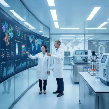 Scientists analyzing vaccine adjuvant data in a modern pharmaceutical lab