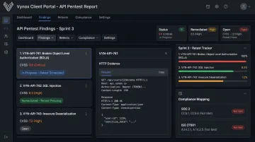 Vynox API pentest engagement dashboard showing findings and retest status