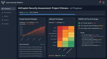Vynox Security AI testing dashboard displaying prompt injection assessment results